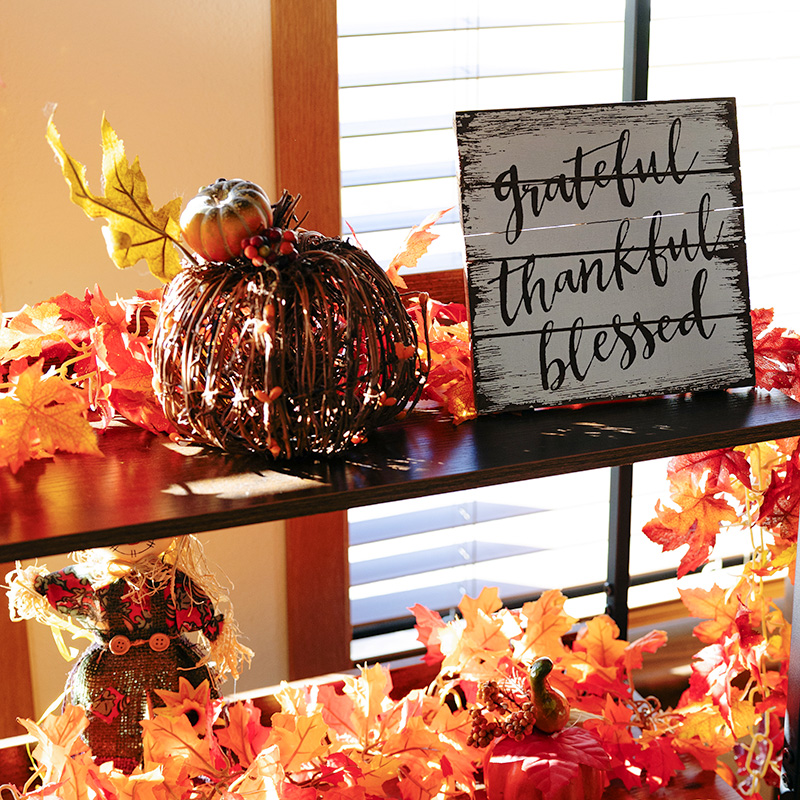Fall seasonal decorations in the common area at Cornerstone Residence of Oklee