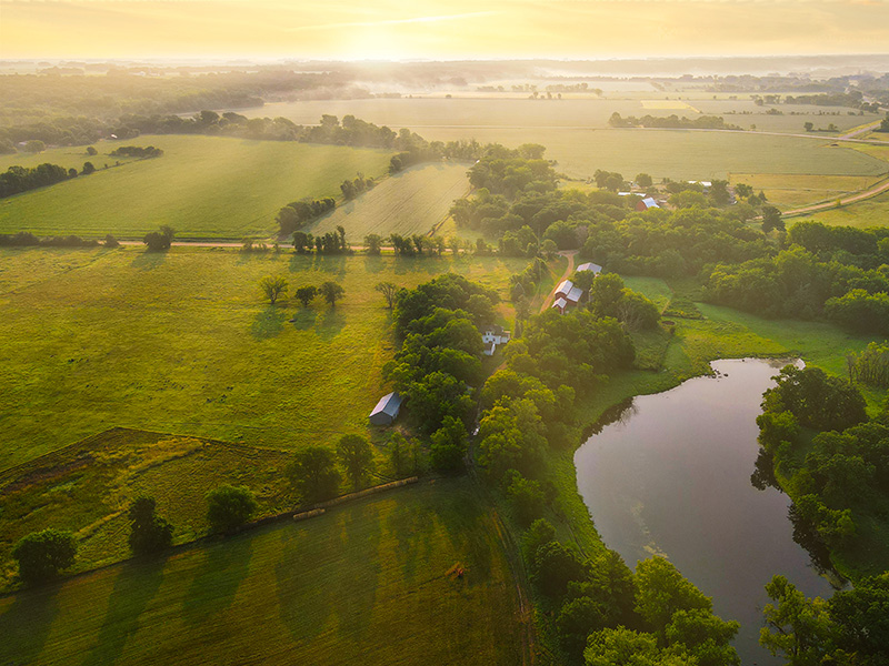 Aerial view of rural farm country in northern Minnesota near Oklee